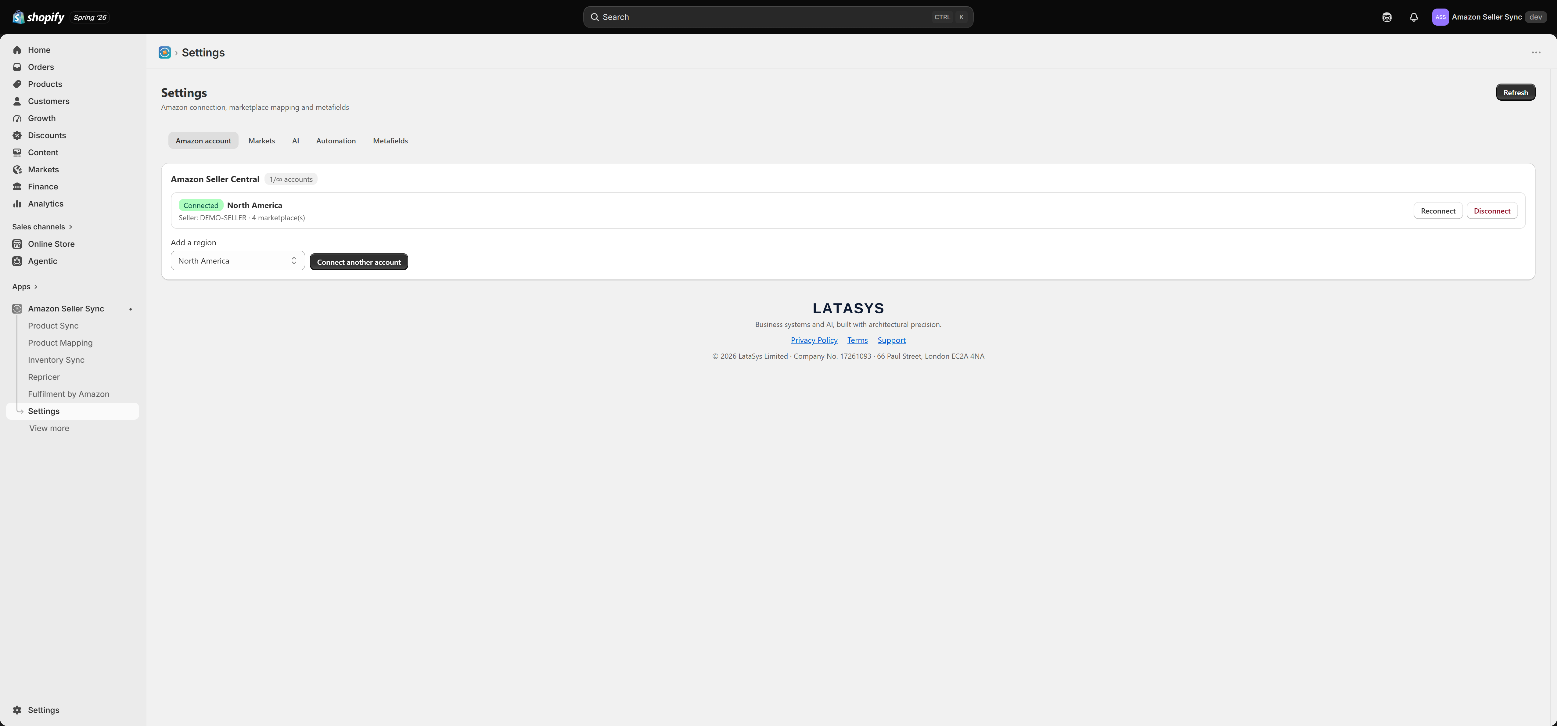The Settings page — Amazon account