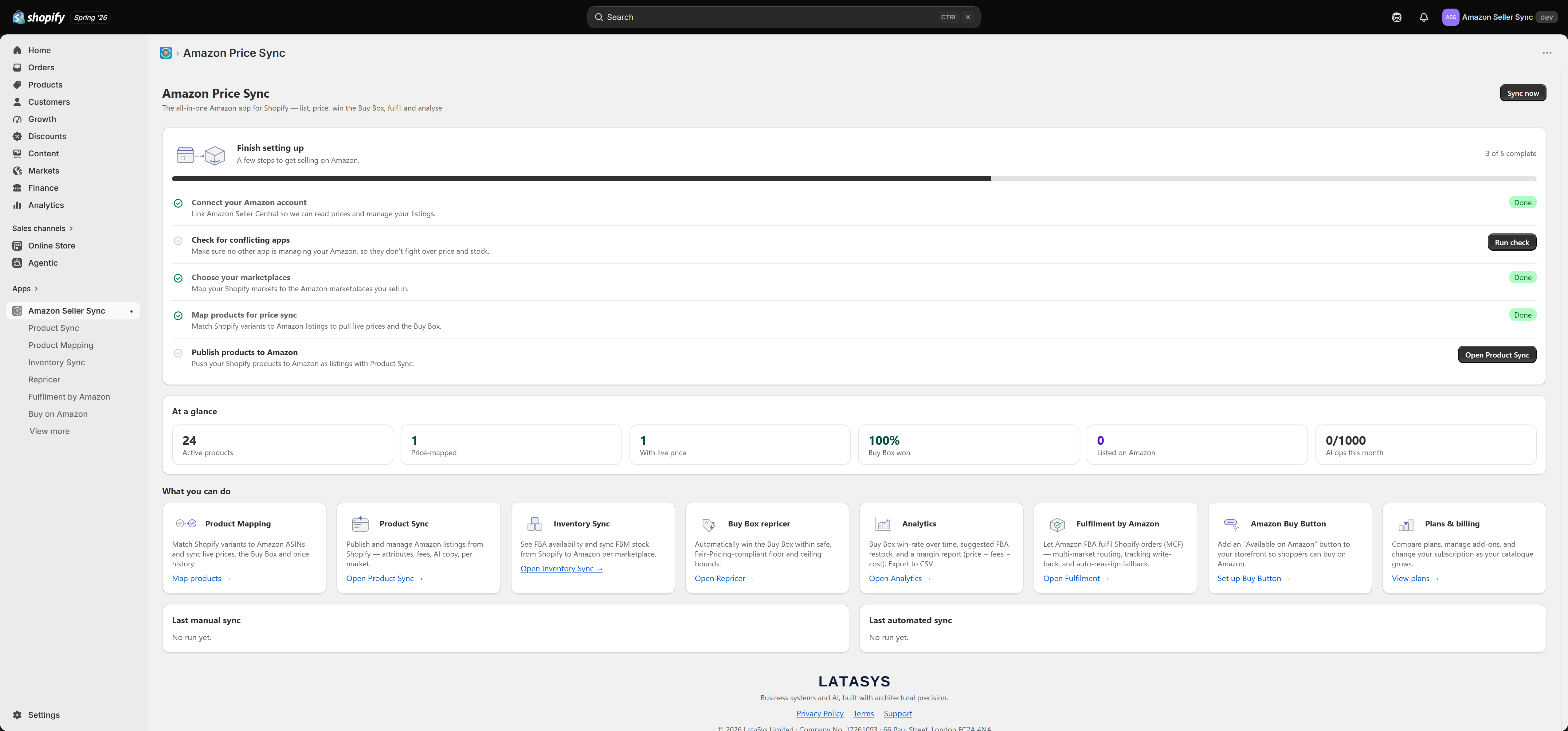 The Amazon Seller Sync dashboard with an Amazon account connected